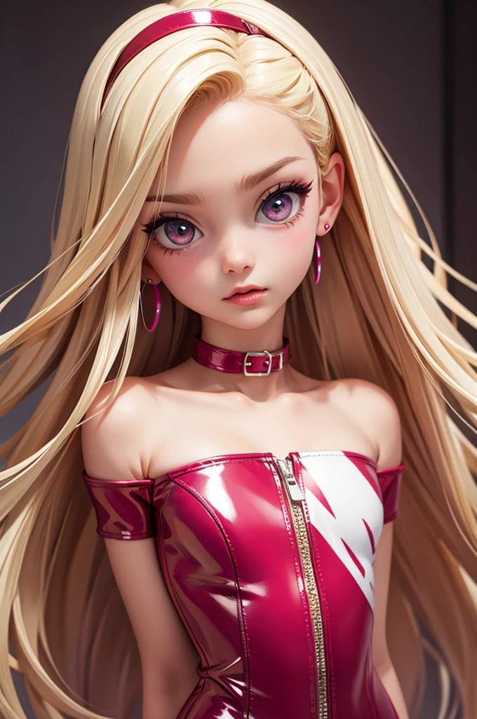 (bedroom) hyperrealistic american teen, blonderfect tiny body, sexy, dark makeup, choker, perfect slim face, big red lips, very cute face, tiny body, big eyes, young looking, childish looking, big earrings, pink tight latex party dress