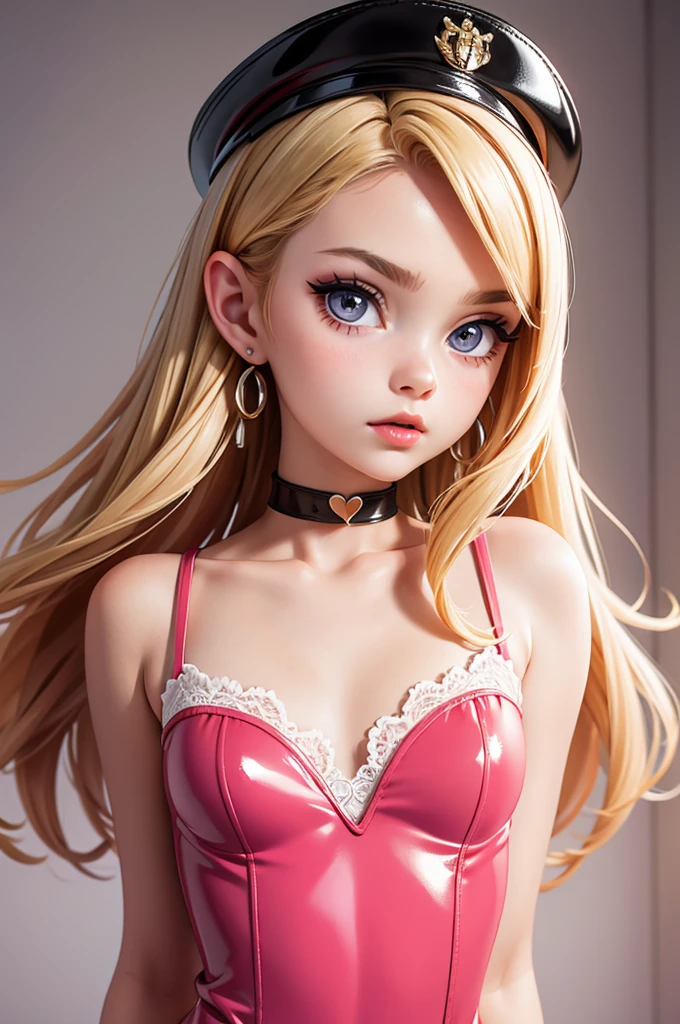 (bedroom) hyperrealistic 14 year old american teen, blonde, perfect tiny body, sexy, dark makeup, choker, perfect slim face, big red lips, very cute face, tiny body, big eyes, young looking, childish looking, big earrings, pink tight latex party dress
