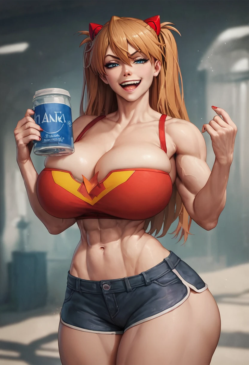 score_9, score_8_up, score_7_up, score_6_up, score_5_up, score_4_up, 1girl, solo, masterpiece, best quality, detailed, narrow waist, wide hips, huge breasts, huge ass, muscular, asuka_langley_souryuu, bursting breasts, evil smile, smug, crop top, shorts, 