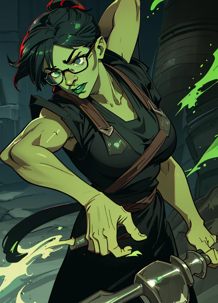 Orc woman, defined jaw, green skin, glasses, short black hair, muscular, blacksmith apron, exposed midrift, holding large hammer, solo, perfect face, perfect hands, highest quality, masterpiece