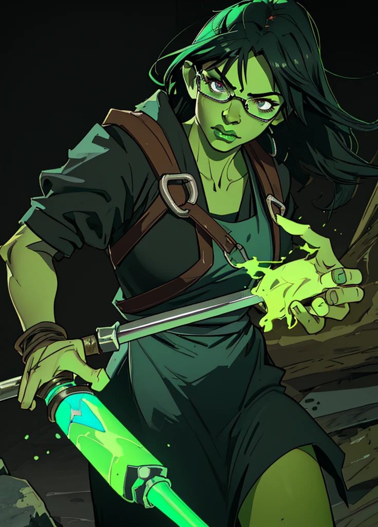 Orc woman, defined jaw, green skin, glasses, short black hair, muscular, blacksmith apron, exposed midrift, holding large hammer, solo, perfect face, perfect hands, highest quality, masterpiece