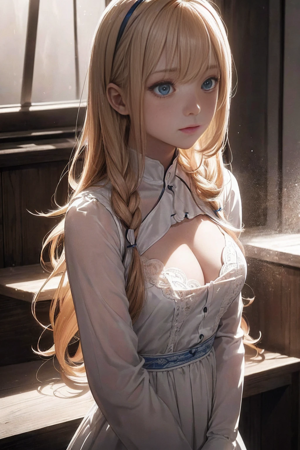 ((1 Female, 1 person, Solitary) Alice,  Humanity, Long curly blond hair, blue eyes, freckle, teenager, 18 years, Rebirth_ongoing) (Main Part, Super detailed, 8K, (HD, Sunlight:0.5, Soft_shadow:0.5, atmosphere_light, 8K, 4K, Surrealism, elegant, ((((Appearance)))), Soft Ton, 柔和的light))(((Dark, Chiaroscuro)))