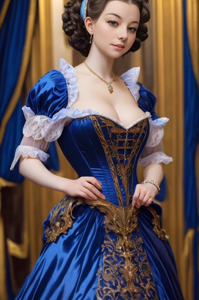 a close up of a woman in a dress with a necklace, a flemish Baroque inspired by Louis Le Nain, tumblr, rococo, costume with blue accents, in a high renaissance style, dressed in a medieval lacy, blue corset, in a renaissance style, corset, beautiful costume, georgian dress amazing fabric, 1 7 th century duchess, with victorian clothing