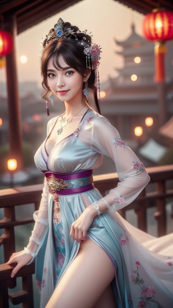 8K, masterpiece, RAW photos, best quality, Reality, extremely detailed CG unity 8K wallpaper, Depth of Field, light, lens flare, Ray Tracing, (Extremely beautiful face, Beautiful lips, beautiful eyes), Complex facial details, ((Ultra-delicate skin)) , Beautiful Asian girl, ((Looking at the audience)),(big Smile), (Blurred background), midnight, (pretty girl), earrings, bracelet, necklace, Clear eyes, (Pale skin), Facing forward, (big eyes), (Looking at the audience), Large Breasts ,((Smile)), blue eyes, Shiny Dress, Open your heart, balcony, Very slim, (Medium buttocks), Open your heart Ancient Chinese architecture,Chinese style beauty,Wear revealing Hanfu,Simple clothes, Simple style,Chinese and American mixed race,Background blur,focus,light, Seven Figures,(((tmasterpiece))), ((Best quality)), ((Complex and meticulous)), ((Surrealism)), Ridiculous resolution, , Mature woman, transparent, Very detailed, Implications, 1 Girl, (Medium breasts), Thin waist and thick hips,Long Law,Beautiful and delicate eyes, Short and delicate hair, Dark brown hair, Purple Eyes, black,lacy clothing,Hip-covering skirt,Tights,Vaguely visible,Cool clothes,Perfect body proportions,(No underwear),Detailed background, Perfect eyes,,Looking at the audience,From the front,Wear lightly,Juicy legs,Deep V,