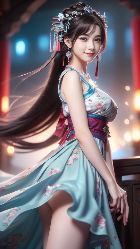 8K, masterpiece, RAW photos, best quality, Reality, extremely detailed CG unity 8K wallpaper, Depth of Field, light, lens flare, Ray Tracing, (Extremely beautiful face, Beautiful lips, beautiful eyes), Complex facial details, ((Ultra-delicate skin)) , Beautiful Asian girl, ((Looking at the audience)),(big Smile), (Blurred background), midnight, (pretty girl), earrings, bracelet, necklace, Clear eyes, (Pale skin), Facing forward, (big eyes), (Looking at the audience), Large Breasts ,((Smile)), blue eyes, Shiny Dress, Open your heart, balcony, Very slim, (Medium buttocks), Open your heart Ancient Chinese architecture，Chinese style beauty，Wear revealing Hanfu，Simple clothes， Simple style，Chinese and American mixed race，Background blur，focus，light， Seven Figures，(((tmasterpiece))), ((Best quality)), ((Complex and meticulous)), ((Surrealism)), Ridiculous resolution, , Mature woman, transparent, Very detailed, Implications, 1 Girl, (Medium breasts), Thin waist and thick hips，Long Law，Beautiful and delicate eyes, Short and delicate hair, Dark brown hair, Purple Eyes, black，lacy clothing，Hip-covering skirt，Tights，Vaguely visible，Cool clothes，Perfect body proportions，（No underwear），Detailed background, Perfect eyes,，Looking at the audience，From the front，Wear lightly，Juicy legs，Deep V，