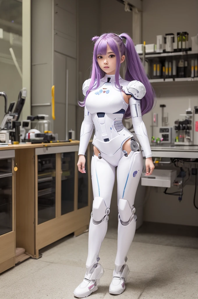 full body shot, focus on background, laboratory, anime style, masterpiece, best quality, ultra-detailed, extremely detailed, 4K, 8K, best quality, beautiful, watercolor,  a pretty woman, solo, robot suit, robot, beautiful rainbow hair, beautiful white eyes, beautiful eyes, long hair, mesh, lip, cool