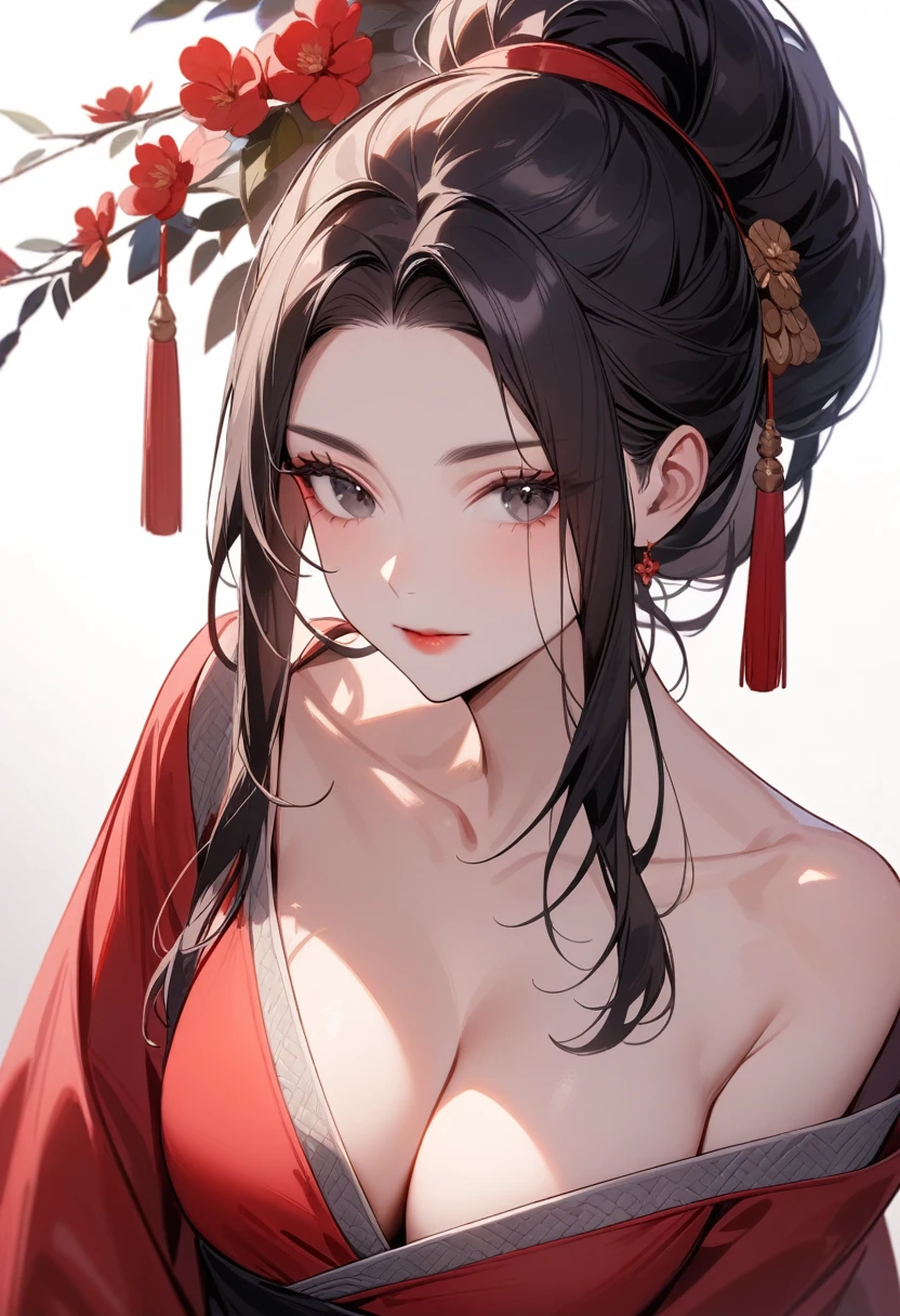 Mature women，Black long hair，Hair up，Red Hanfu，Showing cleavage，Show your shoulders，Beautiful black eyes，Extremely detailed，high resolution，Simple background