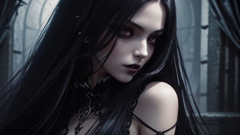 a close up of a woman with long hair and a dress, gothic maiden, gothic maiden anime girl, beautiful vampire queen, dark fantasy style art, gothic fantasy art, gothic art, beautiful vampire female queen, dark fantasy art, gothic maiden of the dark, gothic art style, vampire girl, in style of dark fantasy art, fantasy dark art, gothic princess portrait