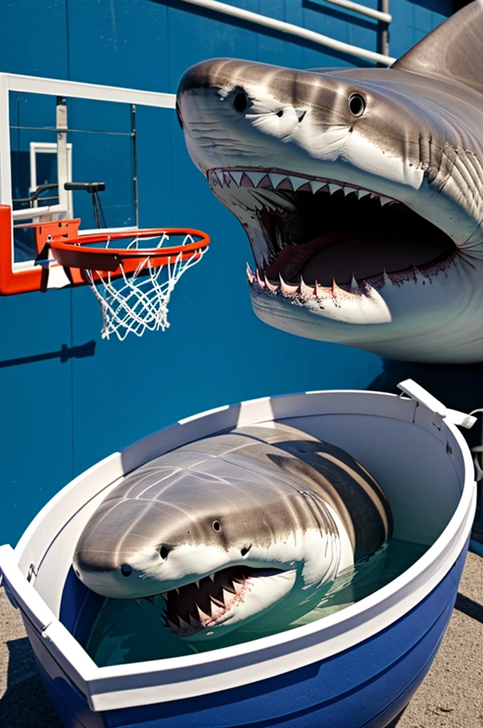 White shark mammal making a basketball basket