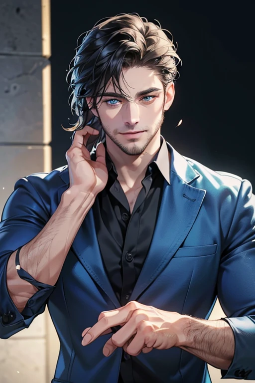 a handsome 35 year old man, 3 day beard, dark hair, sharp jawline, (mesmerizing blue eyes), perfectly styled hair, wearing cool anime outfitt, dynamic lighting, (CEO), (expression, smile in love), (best quality,4k,8k,highres,masterpiece:1.2),ultra-detailed,(realistic,photorealistic,photo-realistic:1.37)
