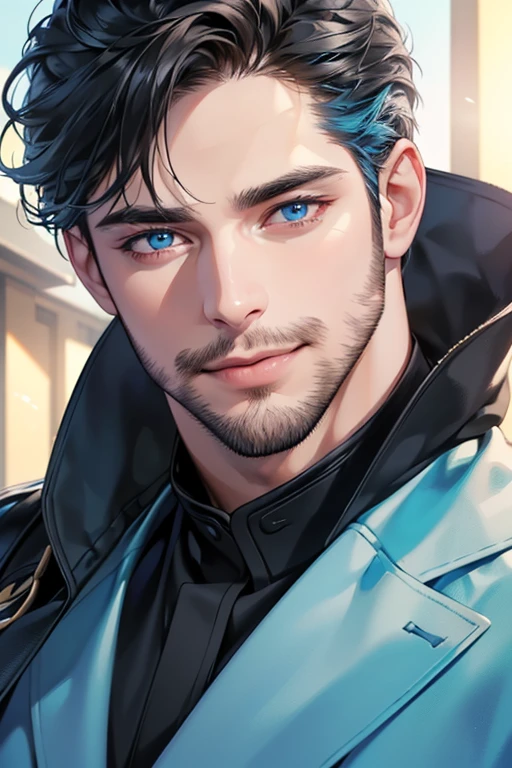 a handsome 35 year old man, 3 day beard, dark hair, sharp jawline, (mesmerizing blue eyes), perfectly styled hair, wearing cool anime outfitt, dynamic lighting, (CEO), (expression, smile in love), (best quality,4k,8k,highres,masterpiece:1.2),ultra-detailed,(realistic,photorealistic,photo-realistic:1.37)