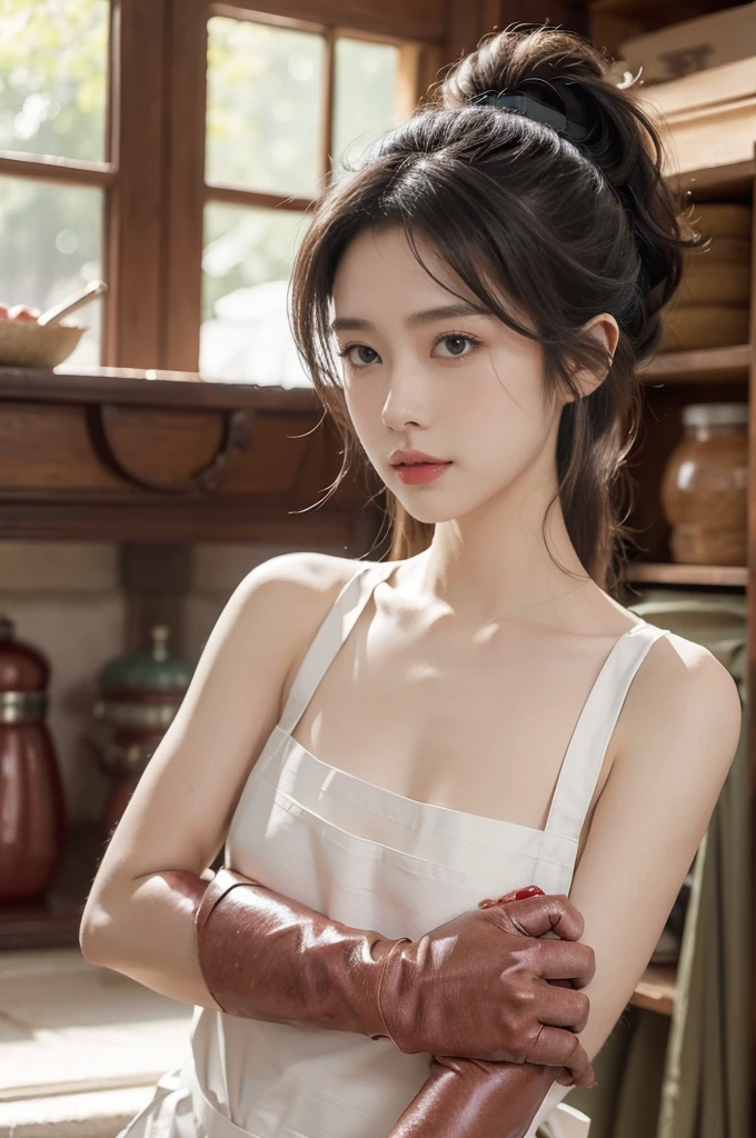 (((best quality))),(((ultra detailed))),(((masterpiece))),illustration, 1girl,female butcher,solo,(short ponytail:1.2),((sweat,shiny skin)),((slim,thin,small breasts,flat chest)),((bare shoulder,bare arms)),(apron splattered with bloodstains:1.3),((gloves)), plainradiant face, hint of smile,standing,arms behind back,gentle and innocent nature,spacious warehouse, (full filled with chopped fresh meat:1.5),Calm and composure, sense of warmth and humanity, natural lighting, sunlight, silhouette, delicate frame, graceful posture, unique and intriguing moment, resilience and adaptability of the human spirit,indoor,((upper body,from front))