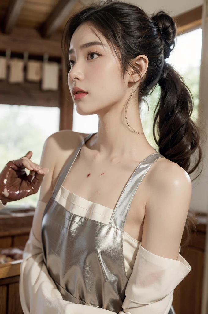(((best quality))),(((ultra detailed))),(((masterpiece))),illustration, 1girl,female butcher,solo,(short ponytail:1.2),((sweat,shiny skin)),((slim,thin,small breasts,flat chest)),((bare shoulder,bare arms)),(apron splattered with bloodstains:1.3),((gloves)), plainradiant face, hint of smile,standing,arms behind back,gentle and innocent nature,spacious warehouse, (full filled with chopped fresh meat:1.5),Calm and composure, sense of warmth and humanity, natural lighting, sunlight, silhouette, delicate frame, graceful posture, unique and intriguing moment, resilience and adaptability of the human spirit,indoor,((upper body,from front))
