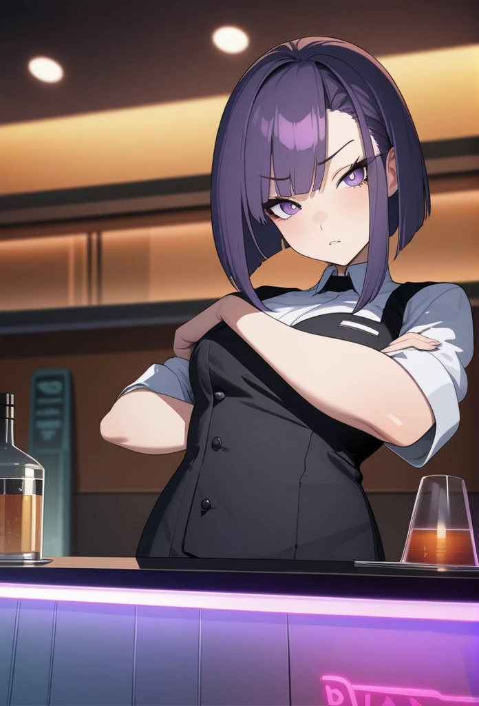 Adult Female, Black purple hair, slanted bob haircut, phlegmatic, stoic expression, perfect purple eyes, cyberpunk bar, bartender, bartender uniform, highly detailed, high quality, perfect quality, 8k, solid black pupils, crossed arms, leaning back on bar