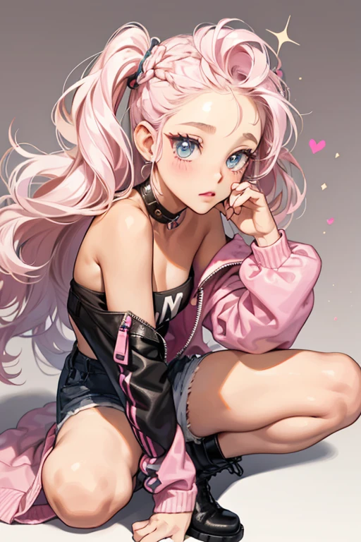 Pink Baby has tan skin with hazel eyes and soft pink blushed cheeks and lipstick. She has platinum hair worn in small pigtail braids with the remainder of hair pulled into large curls on top of her head and smaller curls that frame her face.

She wears a black tube top and short-shorts, both with a zipper on them. Along with a pastel pink jacket with studs at each corner of the lapel, and a pair of boots with black shoelaces. On her left thigh is a tattoo that says mom with a heart on it.  SPARKLE; GLITTER