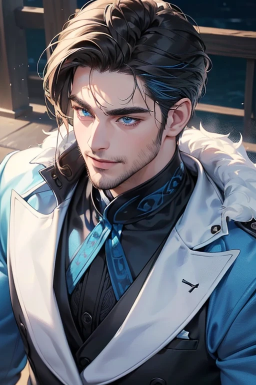 a handsome 35 year old man, 3 day beard, dark hair, sharp jawline, (mesmerizing blue eyes), perfectly styled hair, wearing cool anime outfitt, dynamic lighting, (CEO), (expression, smile in love), (best quality,4k,8k,highres,masterpiece:1.2),ultra-detailed,(realistic,photorealistic,photo-realistic:1.37)