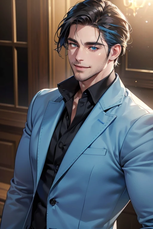 a handsome 35 year old man, 3 day beard, dark hair, sharp jawline, (mesmerizing blue eyes), perfectly styled hair, wearing cool anime outfitt, dynamic lighting, (CEO), (expression, smile in love), (best quality,4k,8k,highres,masterpiece:1.2),ultra-detailed,(realistic,photorealistic,photo-realistic:1.37)