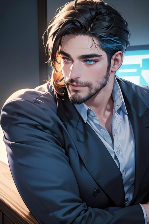 a handsome 35 year old man, 3 day beard, dark hair, sharp jawline, (mesmerizing blue eyes), perfectly styled hair, wearing cool anime outfitt, dynamic lighting, (CEO), (expression, smile in love), (best quality,4k,8k,highres,masterpiece:1.2),ultra-detailed,(realistic,photorealistic,photo-realistic:1.37)