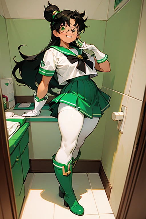 A chubby girl with black hair, freckles and glasses dressed as Sailor Jupiter, wearing white gloves and green boots, smiling gently in her room.