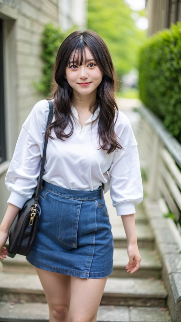 (((Ultra-high resolution、)))、A scene of a Japanese high school girl walking down a stone-paved staircase on her way to school.。The background is simple、Lush tree々And the blue sky spreads out。She wears a 。Details of the uniform、White blouse with blue sailor collar and ribbon、Blue pleated skirt、white socks and black loafers。Her black hair is shoulder-length、The bangs are lightly parted。hair is smooth and、Swaying gently in the morning breeze。The face is soft、Smiling a little。Her eyes are big、in clear brown、Long and delicate eyelashes。He was carrying a big black backpack on his back.、He is holding a textbook tightly in his left hand.。His right hand is lightly touching the handrail of the stairs。The stairs are made of historic cobblestones、Moss growing here and there。The soft morning sunlight gently illuminates her、Her skin is radiant with a healthy tone。A few scattered cherry blossom petals are dancing around、There is a quiet morning atmosphere。