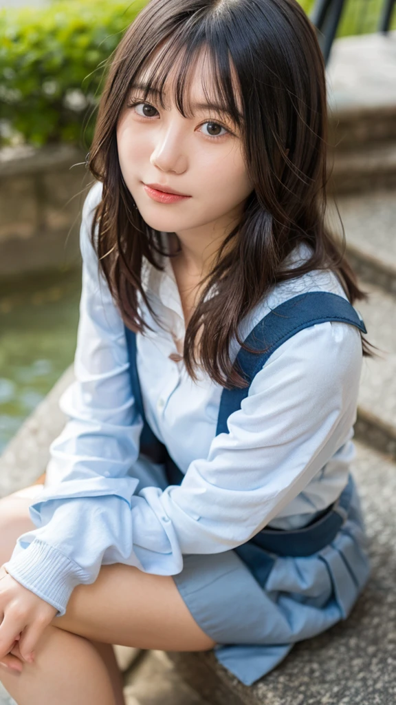 (((Ultra-high resolution、)))、A scene of a Japanese high school girl walking down a stone-paved staircase on her way to school.。The background is simple、Lush tree々And the blue sky spreads out。She wears a 。Details of the uniform、White blouse with blue sailor collar and ribbon、Blue pleated skirt、white socks and black loafers。Her black hair is shoulder-length、The bangs are lightly parted。hair is smooth and、Swaying gently in the morning breeze。The face is soft、Smiling a little。Her eyes are big、in clear brown、Long and delicate eyelashes。He was carrying a big black backpack on his back.、He is holding a textbook tightly in his left hand.。His right hand is lightly touching the handrail of the stairs。The stairs are made of historic cobblestones、Moss growing here and there。The soft morning sunlight gently illuminates her、Her skin is radiant with a healthy tone。A few scattered cherry blossom petals are dancing around、There is a quiet morning atmosphere。
