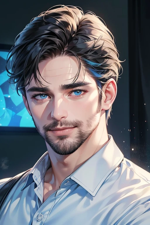 a handsome 35 year old man, 3 day beard, dark hair, sharp jawline, (mesmerizing blue eyes), perfectly styled hair, wearing cool anime outfitt, dynamic lighting, (CEO), (expression, smile in love), (best quality,4k,8k,highres,masterpiece:1.2),ultra-detailed,(realistic,photorealistic,photo-realistic:1.37)