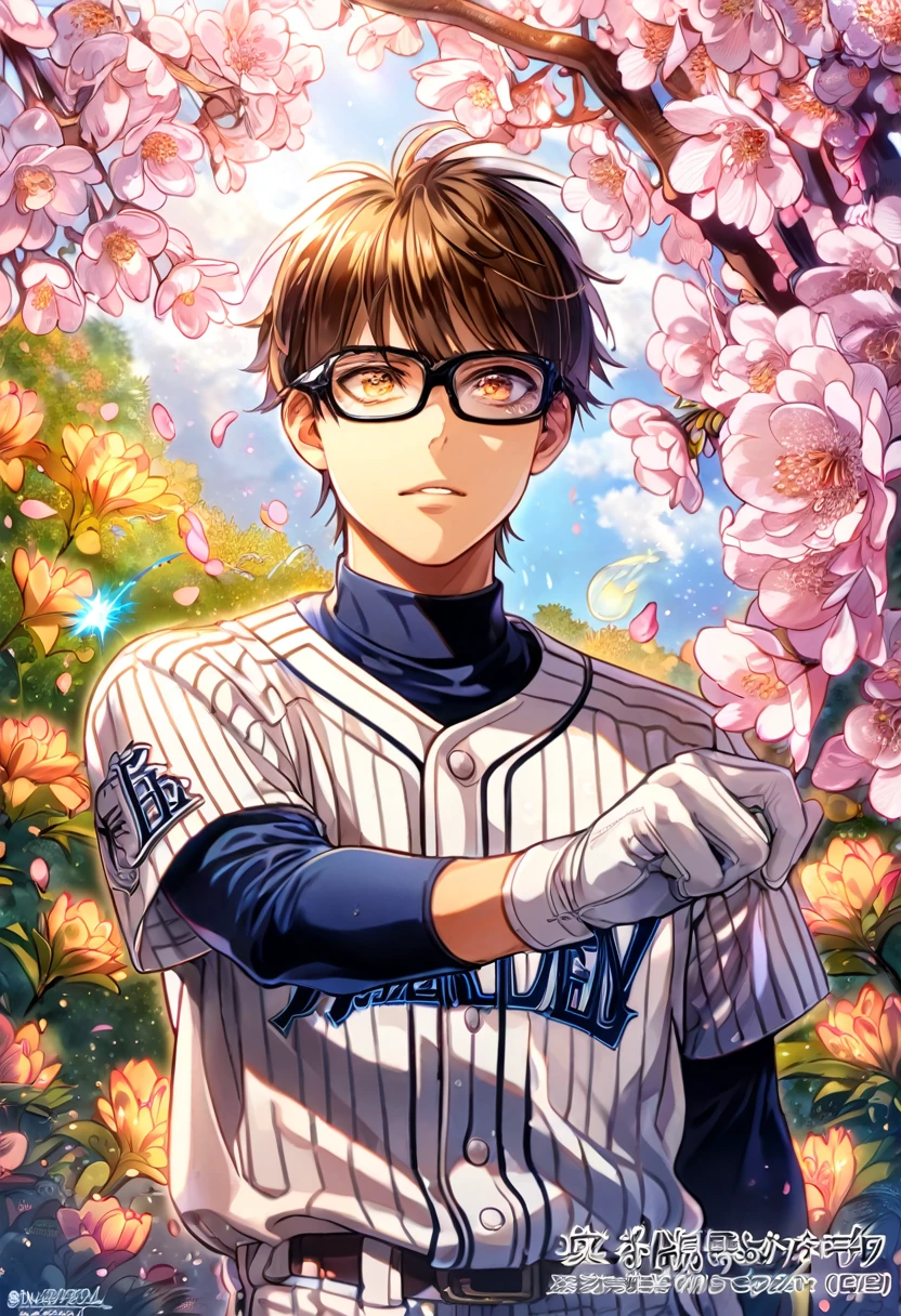 absurdres, highres, ultra detailed, HDR, master piece, Miyuki Kazuya, brown hair, expressive amber eyes, black glasses, white beisbol uniform, black gloves, Diamond No Ace, sexy man, handsome, best quality, blossoms, pink petals, pink flowers, fantasy, magical, blue shining fireflies, solo, the word "Krozseria" is written on his shirt,
