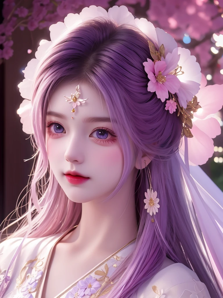 best quality, masterpiece, High target, There is a girl with a basket of flowers on her head, beautiful clothes, Hair Decorationss, necklace, Decorations, Pretty Face, When the body, Tyndall effect, Realistic Portraits, Edge lighting, Two-color light, (Very delicate skin:1.2), 8K uhd, Digital SLR Camera, Soft Light, high quality, Volumetric Lighting, Honest, photo, high resolution, 4K, 8K, Bokeh, black hair,purple hair ends, Pink Eyes.