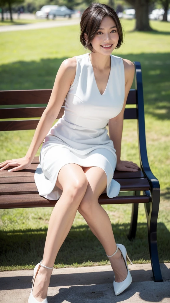 最high quality, In 8K, Masseter region, Vibrant, Sharp focus, high quality, High resolution, Detailed face, fine grain, Thick lips, (Looking at the audience), alone, Beautiful woman, 28 years old, Japanese women, (Short black hair:1.4), Lunch break、Large city park、Green Grass、(Standing in the park:1.3)、(Full body photo:1)、(White Formal Dress:1.5)、(Knee length dresses:1.5)、(Black pumps:1.5)、(Red lipstick:1)、(smile:1.3)、(Standard body type)、(A cup breasts)