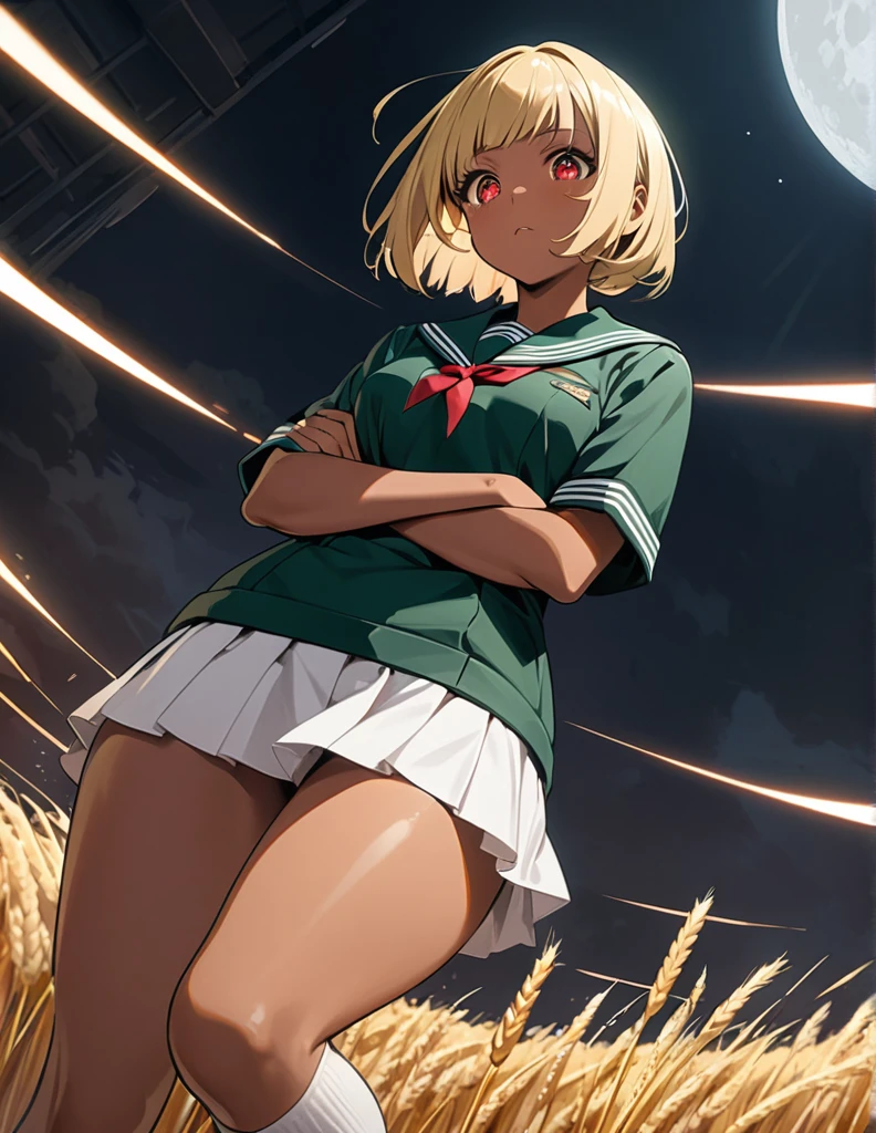 Highest quality, masterpiece, Ultra-high resolution, One girl,

Blonde、Smooth Hair、Two-tone hair、Bobcut、Red Eyes、Sparkling Eyes、Detailed eyes、Slanted Eyes、Tanned, wheat-colored skin、Brown Skin、Chocolate skin、Traditional deep green sailor suit、White socks、loafers、whole body、Low - Angle、Fanning angles、Big Moon、Fantastic scene、Standing with your legs apart、Arms crossed、Confident expression
