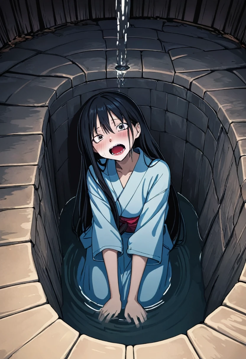 A girl with a scary face wearing Japanese clothes is sticking her head out of a deep well. Sadako