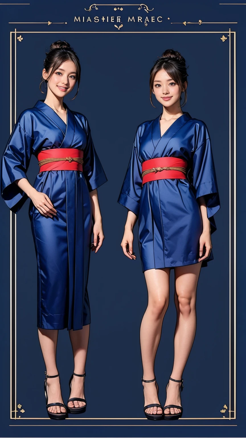 ((masterpiece)),(((Highest quality))),((Character design sheet)),Long legs,Japanese yukata with light blue and navy blue patterns:1.5,Stylish sandals:1.5,The best smile:1.5,Full Body Shot:1.5,Fireworks background:1.5,Flashy makeup with red eyeshadow:1.5,Bun Hair:1.5,Have a fan:1.5,