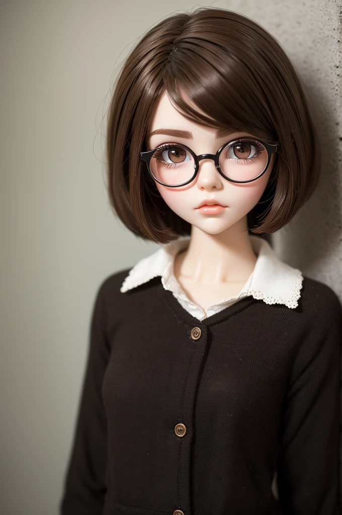 Blythe doll with short brown hair, black eyes, and round glasses