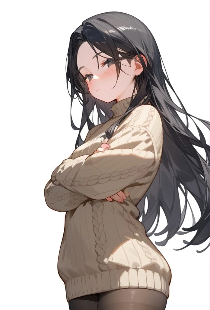 score_9, score_8_up, score_7_up, 1girl, woman, long hair, black hair, parted bangs, light black eyes, small breasts, innexpressive, beige sweater, blushing, narrowed eyes, closed mouth, standing, crossed arms, side view, thigh-high pantyhose, below view, upper body, masterpiece, best quality, white background