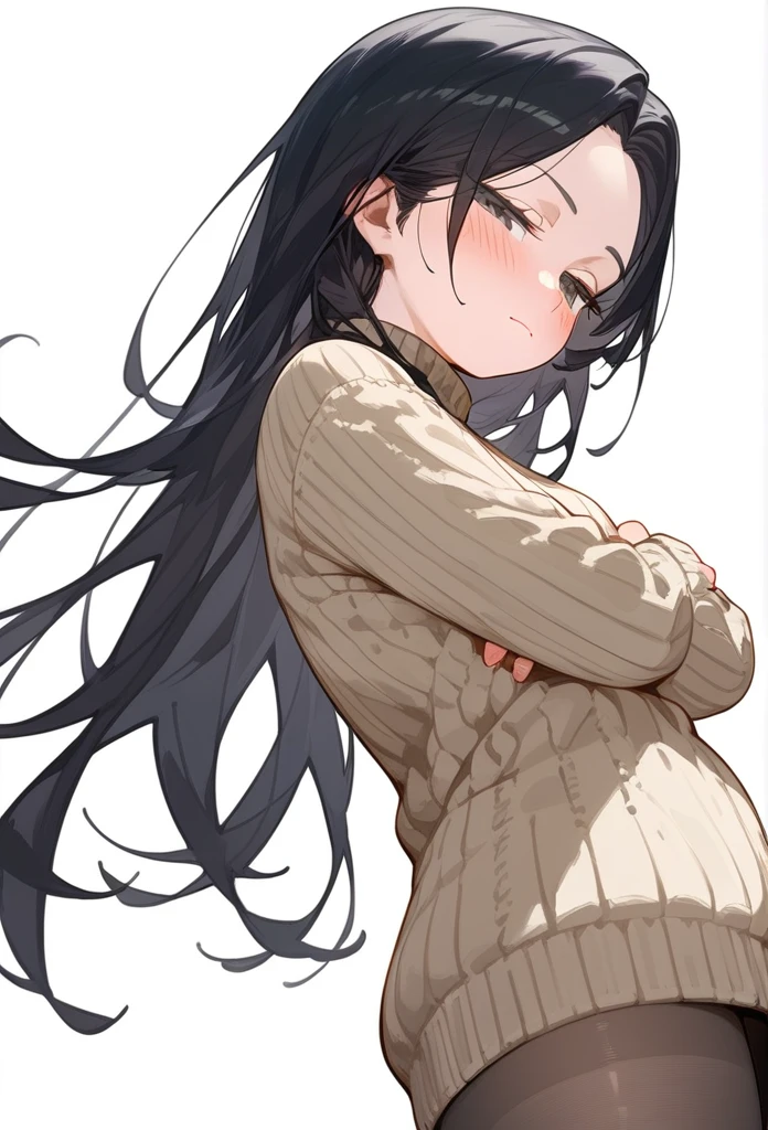 score_9, score_8_up, score_7_up, 1girl, woman, long hair, black hair, parted bangs, light black eyes, small breasts, innexpressive, beige sweater, blushing, narrowed eyes, closed mouth, standing, crossed arms, side view, thigh-high pantyhose, below view, upper body, masterpiece, best quality, white background