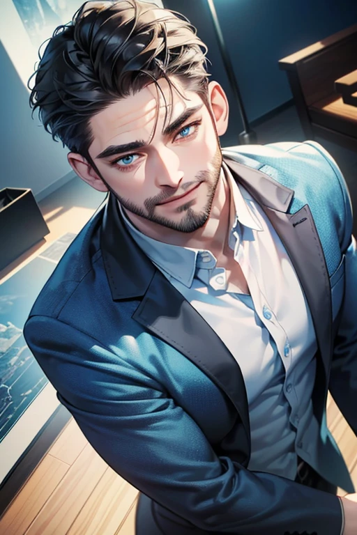 a handsome 35 year old man, 3 day beard, dark hair, sharp jawline, (mesmerizing blue eyes), perfectly styled hair, wearing cool anime outfitt, dynamic lighting, (CEO), (expression, smile in love), (best quality,4k,8k,highres,masterpiece:1.2),ultra-detailed,(realistic,photorealistic,photo-realistic:1.37)