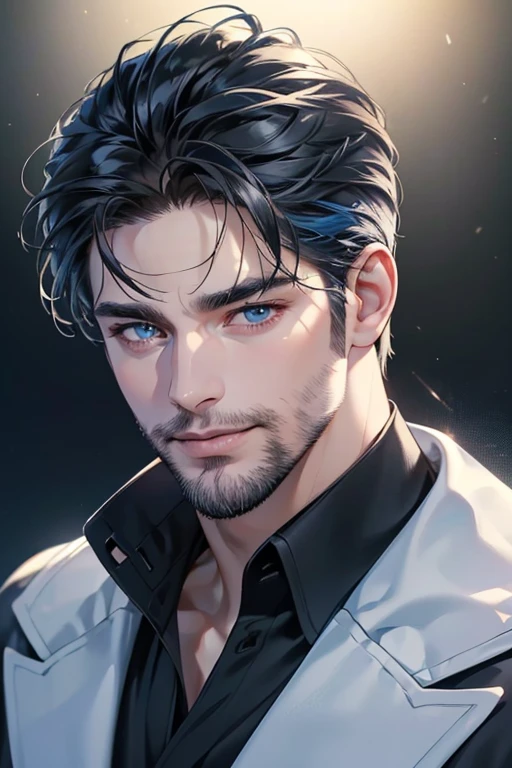 a handsome 35 year old man, 3 day beard, dark hair, sharp jawline, (mesmerizing blue eyes), perfectly styled hair, wearing cool anime outfitt, dynamic lighting, (CEO), (expression, smile in love), (best quality,4k,8k,highres,masterpiece:1.2),ultra-detailed,(realistic,photorealistic,photo-realistic:1.37)