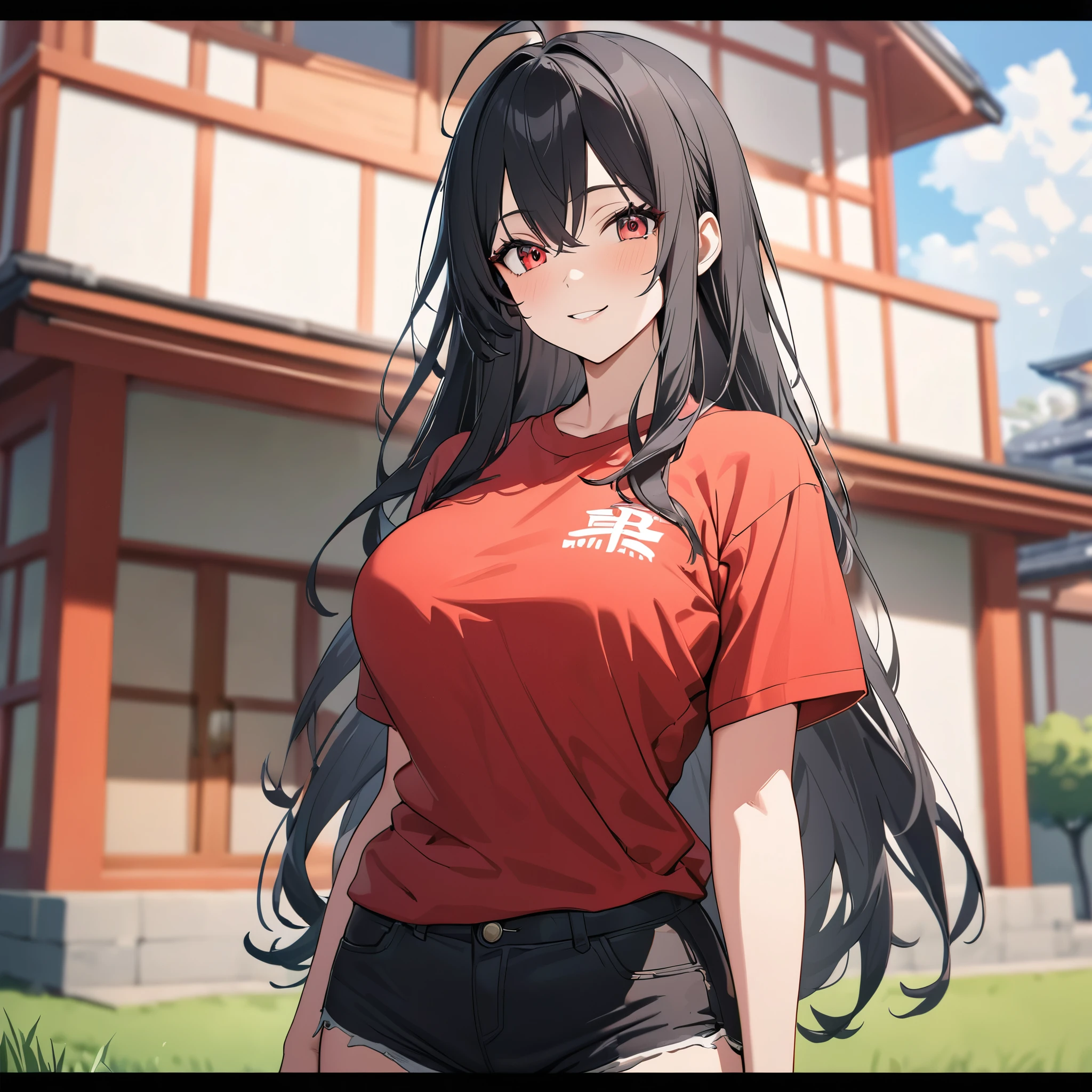 A woman wearing a red shirt with white kanji office, wearing black denim shorts, sports boots, black hair, long hair, ahoge hair, red eyes, smiling, big breasts, perfect face, perfect eyes, standing outside a modern house , with traditional Japanese aesthetics in the background, lawn, close view, daytime location,UHD, prime work, accurate, anatomically correct, textured skin, super details, high quality, best quality, 8k, high resolution, bokeh effect. (woman alone)
