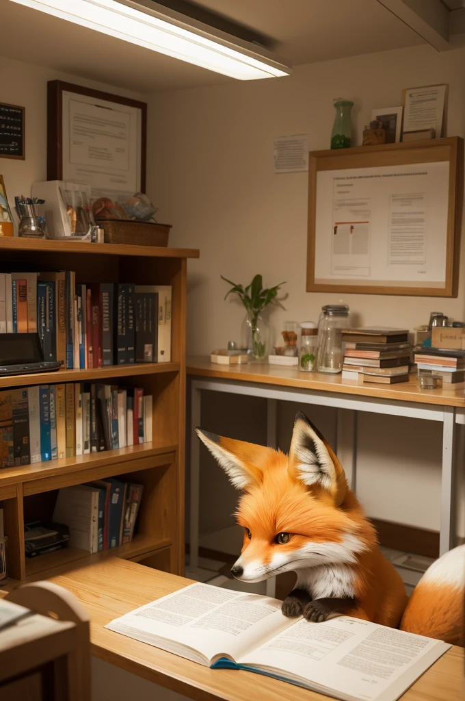 Cartoon fox in a room with various biology decorations