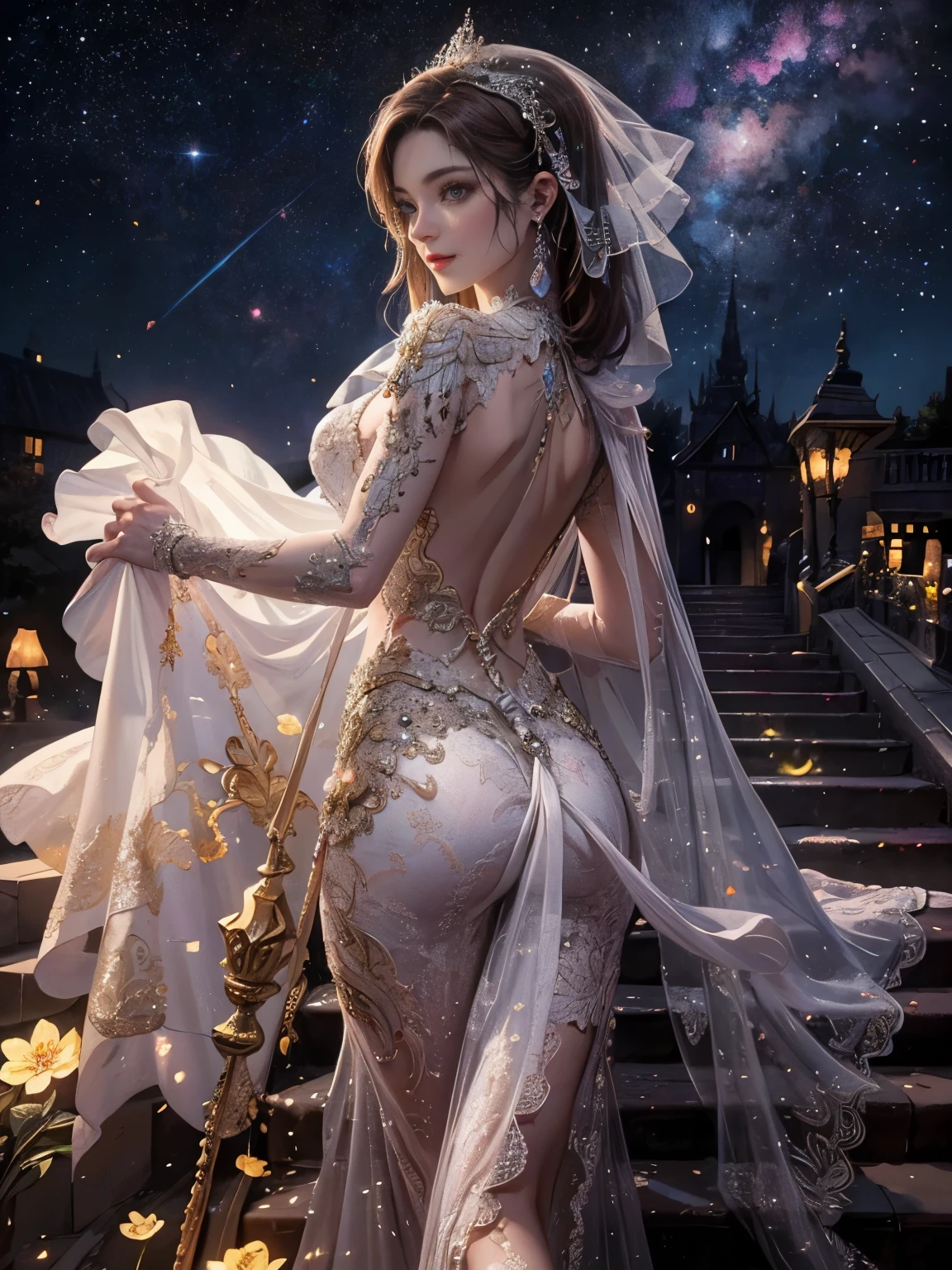 8K resolution, masterpiece, Highest quality, Award-winning works, unrealistic, final fantasy, Royal Jewel,Photorealistic Painting by Midjourney and Greg Rutkowski, , elegant, Very detailed, Delicate depiction of hair, miniature painting, Digital Painting, Art Station, Concept Art, Smooth, Sharp focus, shape, nature, One Thousand and One Nights, A strip of light pouring down from the sky, A pillar of light stretching to the sky, Complex colors, Buddhist Mandala, Colorful magic circle, flash, Large spiral staircase, Mysterious Background, Aura, A gentle gaze, BREAK, Small faint lights and flying fireflies, night, lanthanum, royal palace, Starry Sky, milky way, nebula, shooting star, Flowers, birds, wind and moon, View from behind, erotic, sole sexy lady, healthy shaped body, Anatomically accurate skeleton, 22 years old, bride, (Climbing the stairs, Back view, Looking back towards the camera:1.6), 170cm tall, huge firm bouncing busts,, white silver long wavy hair, Detailed facial depictions, Break, Mysterious blue eyes, Standard nose, Eyeliner, pink lips, sexy long legs, Transparent and shiny skin, bride, Gothic ruffle sexy long silk wedding dress, super long cape, A dress with a complex structure, Pure white dress,, royal coat of arms, ,, dynamic sexy poses, A kind smile,