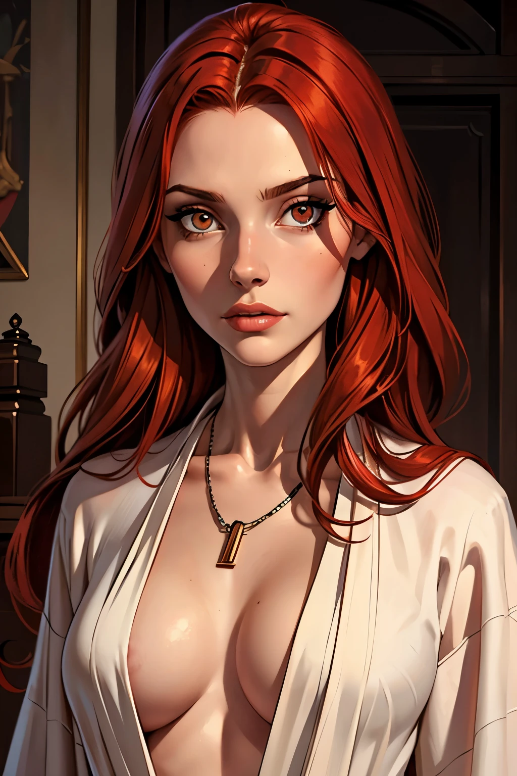 best qualityer, work of art, (realisitic: 1.2), 1 girl, slender girl, Red hair, eyes browns, front, face detailed, gorgeous eyes, eyes browns, eyes large, breasts small, neckleace, long robe