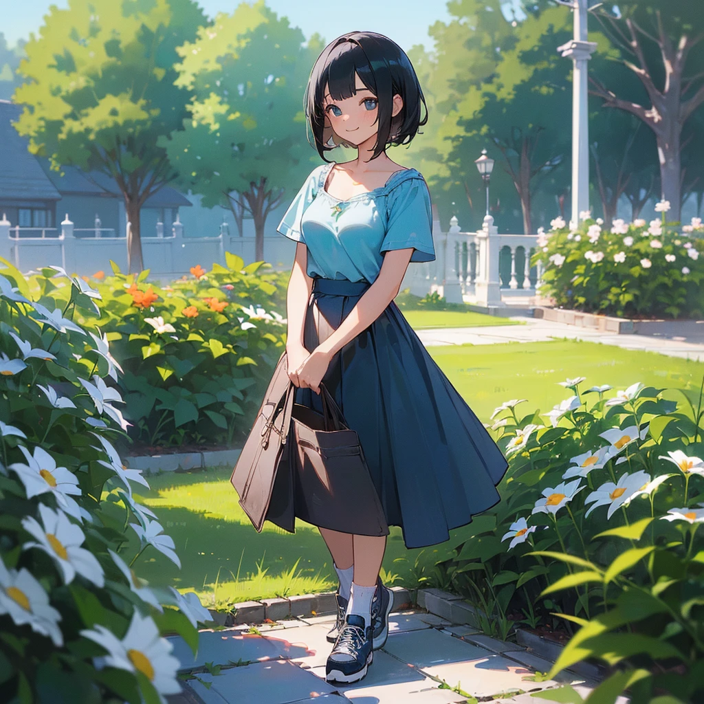 (high quality, High resolution, Very detailed, reality:1.37), Peaceful atmosphere, (Outdoor, garden), Teenage girl standing alone, (my breasts are big.), Beautiful details, Cute Smile, (Black bob hair), camisole, Denim skirt, Blue socks, sneakers.