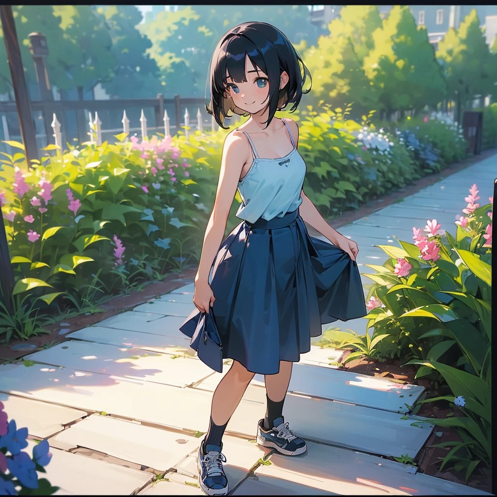 (high quality, High resolution, Very detailed, reality:1.37), Peaceful atmosphere, (Outdoor, garden), Teenage girl standing alone, (my breasts are big.), Beautiful details, Cute Smile, (Black bob hair), camisole, Denim skirt, Blue socks, sneakers.