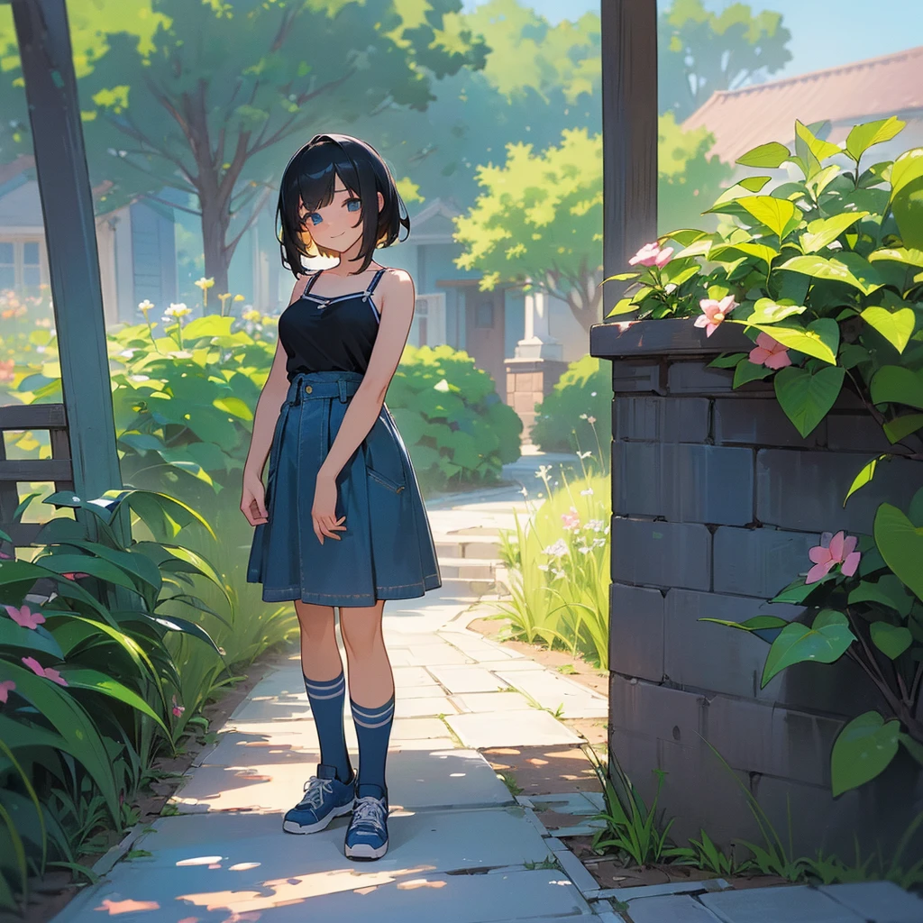 (high quality, High resolution, Very detailed, reality:1.37), Peaceful atmosphere, (Outdoor, garden), Teenage girl standing alone, (my breasts are big.), Beautiful details, Cute Smile, (Black bob hair), camisole, Denim skirt, Blue socks, sneakers.