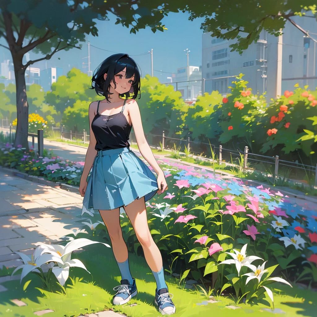 (high quality, High resolution, Very detailed, reality:1.37), Peaceful atmosphere, (Outdoor, garden), Teenage girl standing alone, (my breasts are big.), Beautiful details, Cute Smile, (Black bob hair), camisole, Denim skirt, Blue socks, sneakers.
