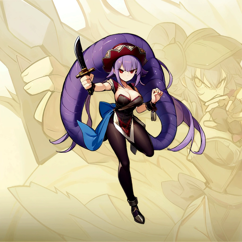 anime character with long purple hair and a hat holding two knives, attack pose, badass pose, fighting pose, from the azur lane videogame, sassy pose, azur lane style, katana zero video game character, fight pose, combat pose, official character art, evil pose, official artwork, disgaea, maple story gun girl, lamia, full pose,most strongest pose,nsfw