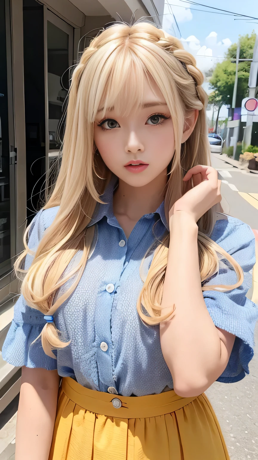 Sunburn marks on tanned skin、blush、smile、Multicolored hair color、Bangs on the face、Bangs between the eyes、Super long hair、Attractive light and dark platinum blonde super long straight silky liner hair、Beautiful bright transparent light blue big eyes that are charming and shining、A cute 15-year-old girl with a cute look, A strong wind blows my hair in front of my face、Beautiful big sparkling eyes, Cute eyes hidden by long bangs、Yawn、No visible nasolabial folds、A short, light-colored miniskirt、A cute and colorful summer shirt、Korean Beauty、Dark blush on the cheeks