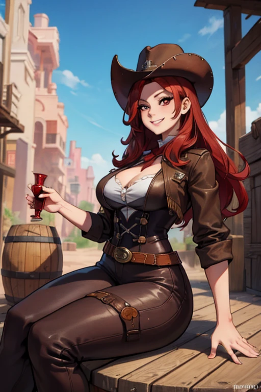 a red haired woman with red eyes with an hourglass figure in a conservative cowgirl outfit is sitting on a barrel in a wild west town with a big smile