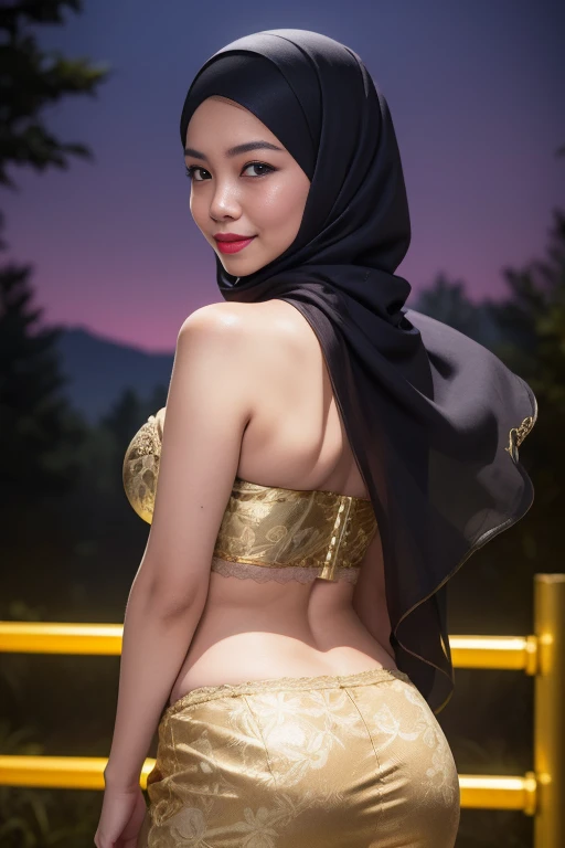 ((Lace)), (Happy smile), (((HIJAB MALAY GIRL))), masutepiece, High quality, UHD 32K, Realistic face, Realistic skin feeling , A Japanese Lady, 58 years old lady, , Very cute and baby-like face, (((FLAT CHEST))), (Night time at forest), ((look In front  at the camera and SADNESS)), (((GOLD FLUORESCENT))), (((CUTE GIRL))), ((GOLD FLUORESCENT LIPS)), ((Floral Pattern)) little wearing strapless bra, strapless colorful bra, dark night background , black forest night, horror scary place, (huge saggy breast), ((HEAVY HUGE BREASTS)), (from behind up) seductive pose