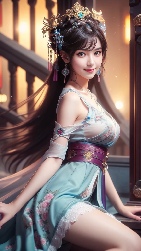 8K, masterpiece, RAW photos, best quality, Reality, extremely detailed CG unity 8K wallpaper, Depth of Field, light, lens flare, Ray Tracing, (Extremely beautiful face, Beautiful lips, beautiful eyes), Complex facial details, ((Ultra-delicate skin)) , Beautiful Asian girl, ((Looking at the audience)),(big Smile), (Blurred background), midnight, (pretty girl), earrings, bracelet, necklace, Clear eyes, (Pale skin), Facing forward, (big eyes), (Looking at the audience), Large Breasts ,((Smile)), blue eyes, Shiny Dress, Open your heart, balcony, Very slim, (Medium buttocks), Open your heart Ancient Chinese architecture,Chinese style beauty,Wear revealing Hanfu,Simple clothes, Simple style,Chinese and American mixed race,Background blur,focus,light, Seven Figures,(((tmasterpiece))), ((Best quality)), ((Complex and meticulous)), ((Surrealism)), Ridiculous resolution, , Mature woman, transparent, Very detailed, Implications, 1 Girl, (Medium breasts), Thin waist and thick hips,Long Law,Beautiful and delicate eyes, Short and delicate hair, Dark brown hair, Purple Eyes, black,lacy clothing,Hip-covering skirt,Tights,Vaguely visible,Cool clothes,Perfect body proportions,(No underwear),Detailed background, Perfect eyes,,Looking at the audience,From the front,Wear lightly,Juicy legs,Deep V,